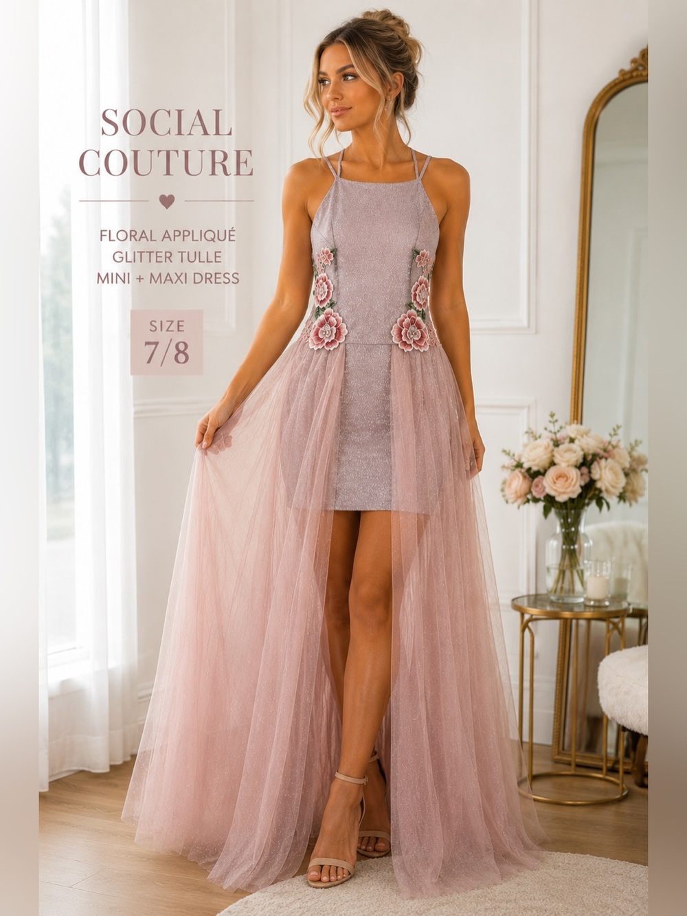 Social Couture 7/8 Pink Silver Glitter Floral Applique Tulle Maxi Dress
